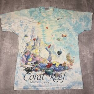 Vintage Liquid Blue Shirt Men's L Tie-Dye Coral Reef Fish AOP Graphic Tee 1992
